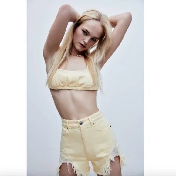 ZARA High Waist Yellow Denim Cut Off Shorts - Picture 5 of 16